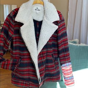 Others Follow Red Navy  Plaid Sharpa Jacket
